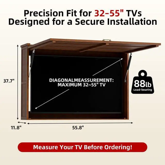 Alt view image 2 of 3 - Outdoor TV Enclosure, Fit for 32-55 Inch TV, Solid Wood Wall-Mounted TV Cabinet with Dual-Arm Steel Bracket, Includes 600D TV Cover, Walnut Color