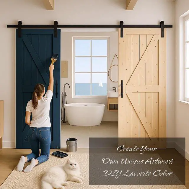 Alt view image 3 of 6 - ® 30in x 84in Barn Door, 20-60 in Unfinished British Brace Barn Door/Modern Style/Solid Wood/Simple Assembly is Required