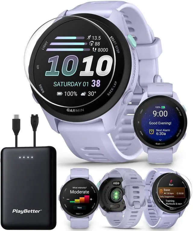 Main image of Garmin Forerunner 70 (Cool Lavender) GPS Running Watch Bundle | Entry-Level, Vibrant AMOLED Touchscreen, 13-Day Battery | Includes 5000mAh Portable Charger & HD Screen Protectors