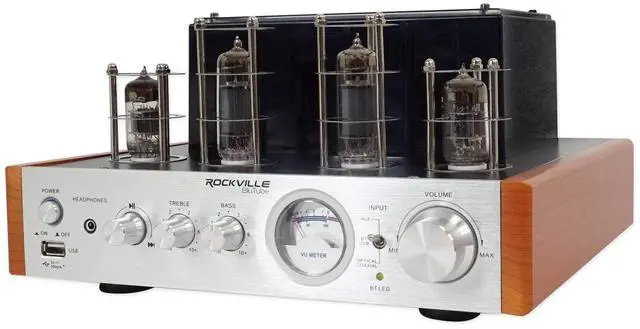 Main image of Blutube WD 70W Bluetooth Tube Amplifier Stereo Receiver | 2-Tone Silver/Wood, HDMI, Optical & Coaxial Inputs, USB Playback, Sub Output, Headphone Jack, VU Meter