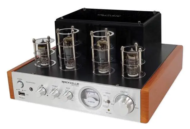 Alt view image 2 of 6 - Blutube WD 70W Bluetooth Tube Amplifier Stereo Receiver | 2-Tone Silver/Wood, HDMI, Optical & Coaxial Inputs, USB Playback, Sub Output, Headphone Jack, VU Meter