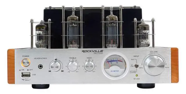 Alt view image 3 of 6 - Blutube WD 70W Bluetooth Tube Amplifier Stereo Receiver | 2-Tone Silver/Wood, HDMI, Optical & Coaxial Inputs, USB Playback, Sub Output, Headphone Jack, VU Meter
