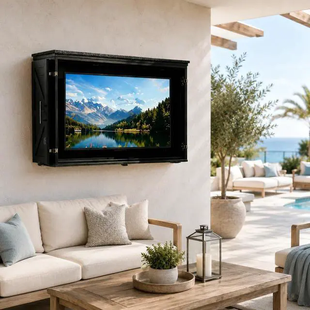 Main image of 45-55 Inch Solid Wood Outdoor TV Enclosure, Double Doors, Lock, Black | Wall Mount Bracket,Weatherproof for outside,All-Year Entertainment Protection