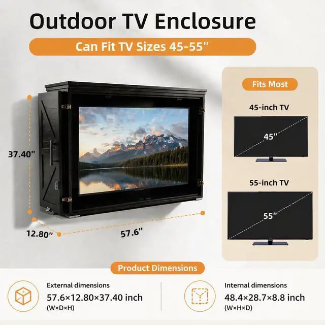 Alt view image 2 of 6 - 45-55 Inch Solid Wood Outdoor TV Enclosure, Double Doors, Lock, Black | Wall Mount Bracket,Weatherproof for outside,All-Year Entertainment Protection