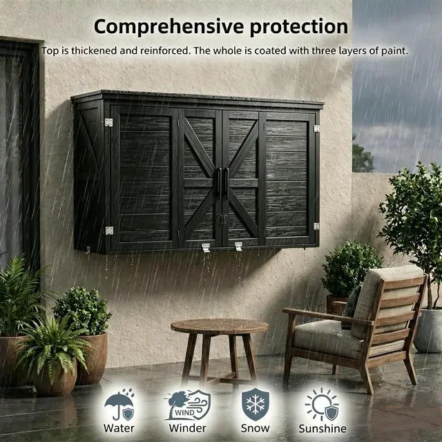 Alt view image 5 of 6 - 45-55 Inch Solid Wood Outdoor TV Enclosure, Double Doors, Lock, Black | Wall Mount Bracket,Weatherproof for outside,All-Year Entertainment Protection