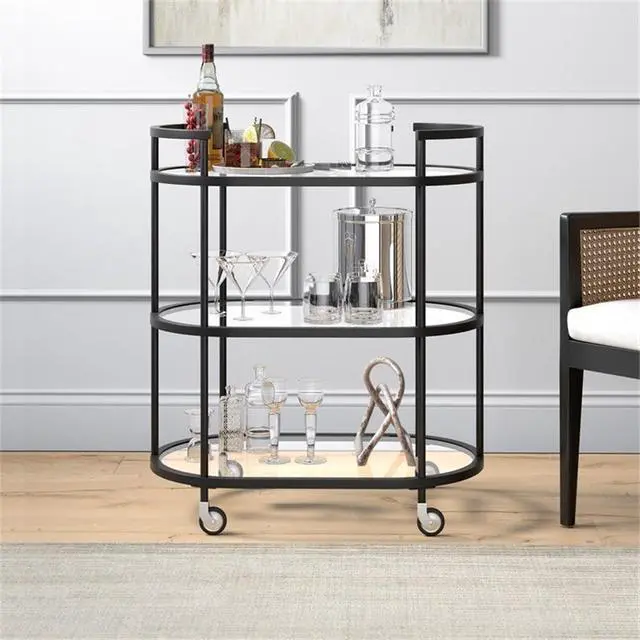 Alt view image 6 of 6 - 30" Wide Oval Bar Cart in Blackened Bronze, Bar Carts for the Home | Sleek rolling shelving unit that moves room to room with ease, doubling as a stylish bar cart or convenient coffee station