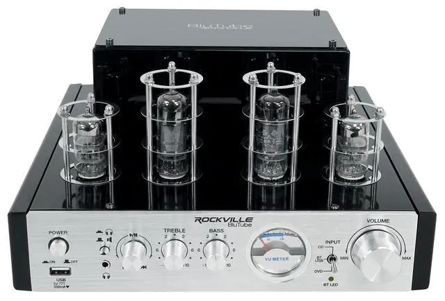 Alt view image 2 of 6 - BluTube 70W Bluetooth Tube Amplifier/Home Theater Stereo Receiver | 35W x 2 RMS at 4 Ohm, USB Input, Headphone Output, VU Meter, 2 Band EQ, RCA Inputs, Preamplifier, Banana Plug Outputs