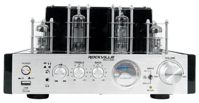 Alt view image 3 of 6 - BluTube 70W Bluetooth Tube Amplifier/Home Theater Stereo Receiver | 35W x 2 RMS at 4 Ohm, USB Input, Headphone Output, VU Meter, 2 Band EQ, RCA Inputs, Preamplifier, Banana Plug Outputs