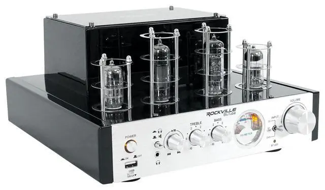 Alt view image 5 of 6 - BluTube 70W Bluetooth Tube Amplifier/Home Theater Stereo Receiver | 35W x 2 RMS at 4 Ohm, USB Input, Headphone Output, VU Meter, 2 Band EQ, RCA Inputs, Preamplifier, Banana Plug Outputs
