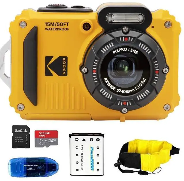 Main image of PIXPRO WPZ2 Waterproof Digital Camera Bundle, Includes: SanDisk 32GB MicroSD Memory Card, Spare Battery and More (5 Items) (Yellow)