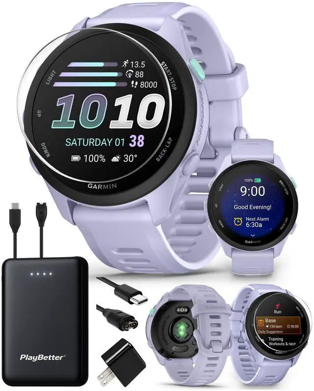 Main image of Garmin Forerunner 70 (Lavender) GPS Running Watch Power Bundle | Entry-Level, Vibrant AMOLED Touchscreen, 13-Day Battery | Includes 5000mAh Portable Charger, Screen Protectors & Wall Adapter