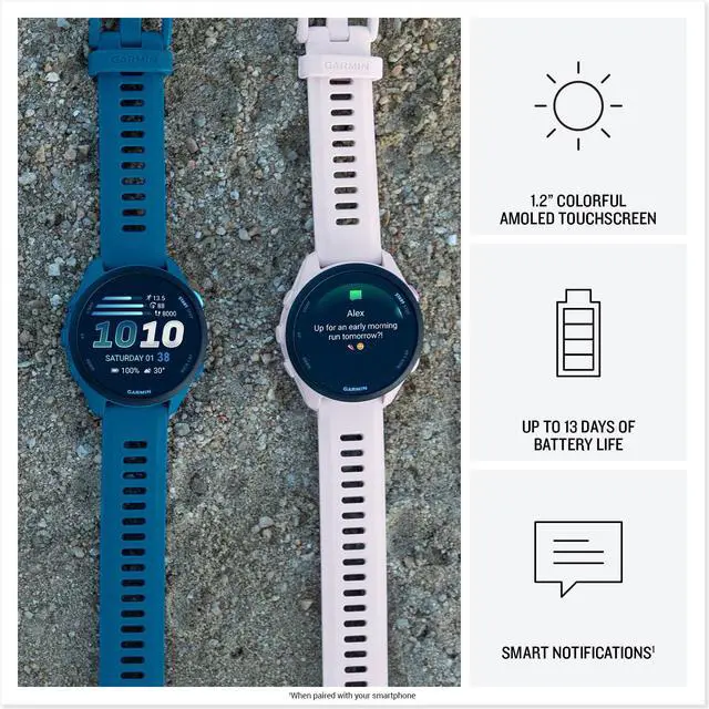Alt view image 4 of 6 - Garmin Forerunner 70 (Lavender) GPS Running Watch Power Bundle | Entry-Level, Vibrant AMOLED Touchscreen, 13-Day Battery | Includes 5000mAh Portable Charger, Screen Protectors & Wall Adapter