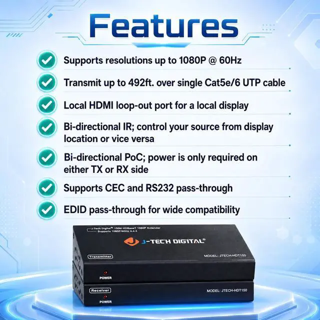 Alt view image 3 of 6 - Long Range HDMI Extender Over Cat6 150m/492ft HDBaseT 1080P Extender PoC, Bi-Directional IR, Supports Dolby Digital, DTS, with EDID, CEC, & RS-232 Passthrough (JTECH-HDT150)