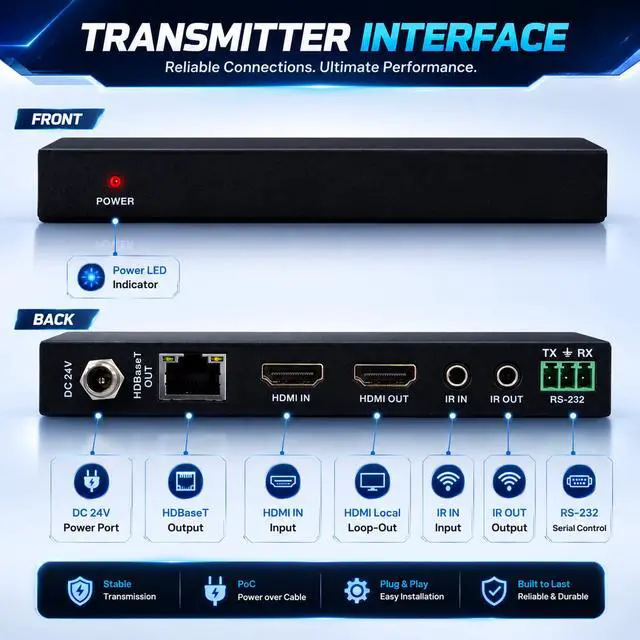 Alt view image 5 of 6 - Long Range HDMI Extender Over Cat6 150m/492ft HDBaseT 1080P Extender PoC, Bi-Directional IR, Supports Dolby Digital, DTS, with EDID, CEC, & RS-232 Passthrough (JTECH-HDT150)