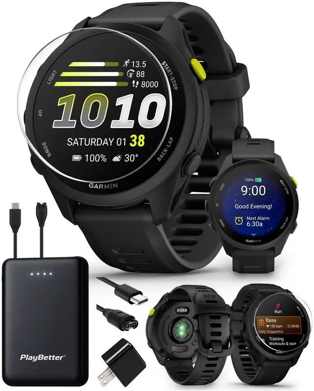 Main image of Garmin Forerunner 70 (Black) GPS Running Watch Power Bundle | Entry-Level, Vibrant AMOLED Touchscreen, 13-Day Battery | Includes 5000mAh Portable Charger, Screen Protectors & Wall Adapter