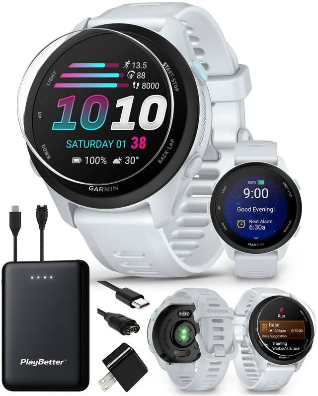 Main image of Garmin Forerunner 70 (Whitestone) GPS Running Watch Power Bundle | Entry-Level, Vibrant AMOLED Touchscreen, 13-Day Battery | Includes 5000mAh Portable Charger, Screen Protectors & Wall Adapter