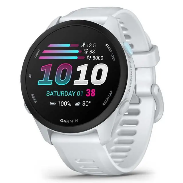Alt view image 2 of 6 - Garmin Forerunner 70 (Whitestone) GPS Running Watch Power Bundle | Entry-Level, Vibrant AMOLED Touchscreen, 13-Day Battery | Includes 5000mAh Portable Charger, Screen Protectors & Wall Adapter