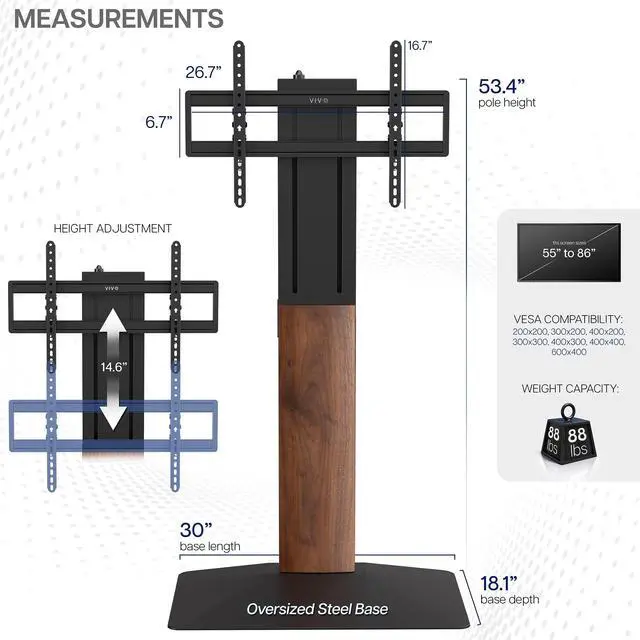 Alt view image 3 of 6 - FreeLift TV Floor Stand for 55 to 86 Screens with Heavy Duty Super-Sized Base, Holds 88 lbs, Black and Dark Walnut, STAND-TV86S