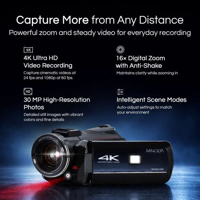 Alt view image 2 of 5 - Showtime MN4K40NV 4K Camcorder, Night Vision, 30MP, 16X Zoom -Black | Capture sharp HD video with an easy-to-use touchscreen and versatile zoom for everyday recording