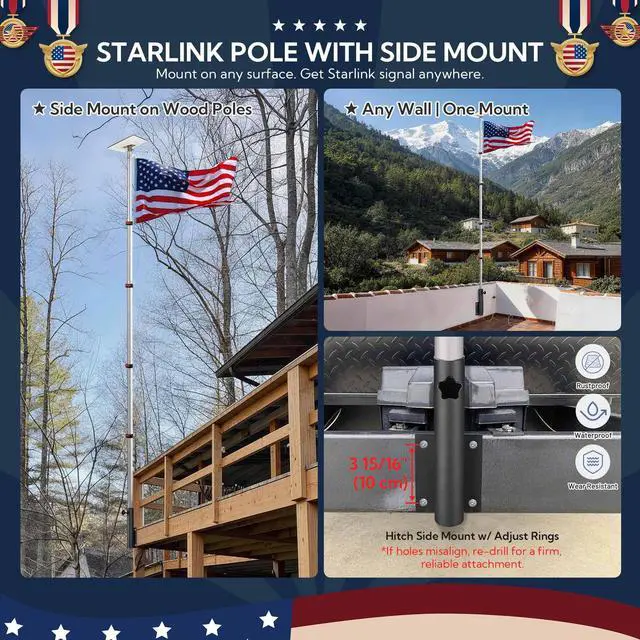 Alt view image 2 of 6 - EZ GO 14FT Starlink Gen 3 Pole Mount with Pipe Adapter & Side Mount | Aluminum Telescoping Flagpole Starlink Standard Ground Pole Mounting Kit for Residental Yard RV Travel Trailer, Silver
