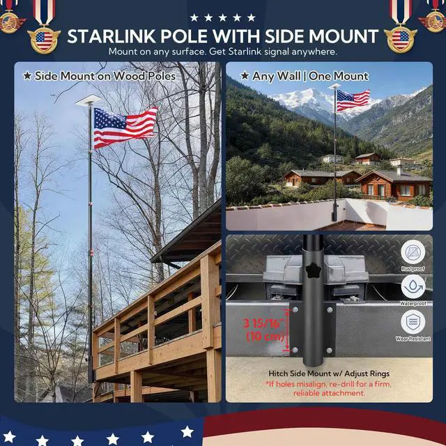 Alt view image 2 of 6 - EZ GO 14FT Starlink Gen 3 Pole Mount with Pipe Adapter & Side Mount | Aluminum Telescoping Flagpole Starlink Standard Ground Pole Mounting Kit for Residental Yard RV Travel Trailer, Black