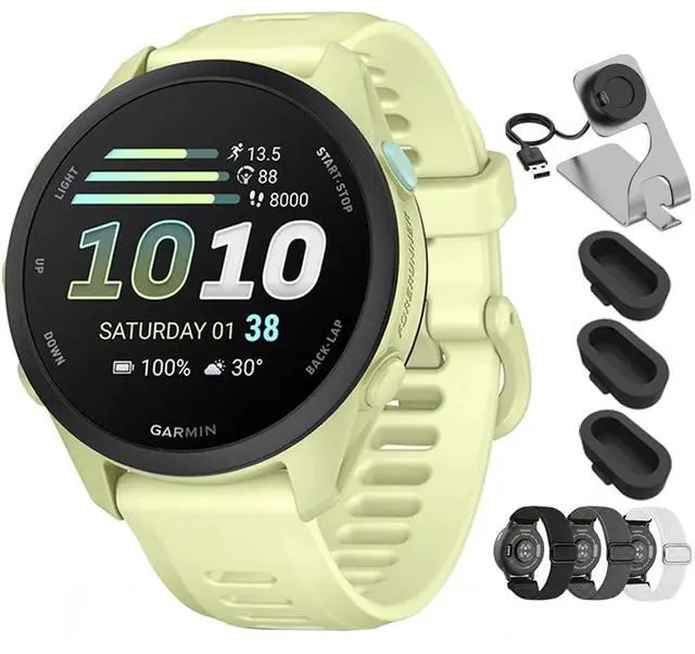 Main image of Forerunner 70, 1.2" AMOLED GPS Running Watch, Training Readiness, 13-Day Battery, Citron, 010-04307-02 w/Deco Essentials 20mm Nylon Bands 3-Pack, Charging Dock & 3-Pack Dust Cover