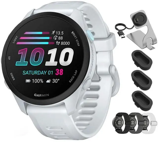 Main image of Forerunner 70, 1.2" AMOLED GPS Running Watch, Training Readiness, 13-Day Battery, Whitestone, 010-04307-01 w/Deco Essentials 20mm Nylon Bands 3-Pack, Charging Dock & 3-Pack Dust Cover