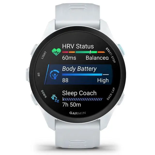 Alt view image 3 of 6 - Forerunner 70, 1.2" AMOLED GPS Running Watch, Training Readiness, 13-Day Battery, Whitestone, 010-04307-01 w/Deco Essentials 20mm Nylon Bands 3-Pack, Charging Dock & 3-Pack Dust Cover
