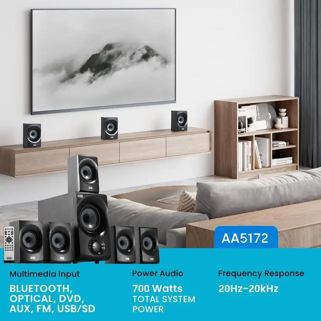 Alt view image 2 of 6 - Acoustic Audio AA5172 700W Bluetooth Home Theater 5.1 Speaker System with FM Tuner, USB, SD Card, Remote Control, Powered Sub (6 Speakers, 5.1 Channels, Black with Gray)