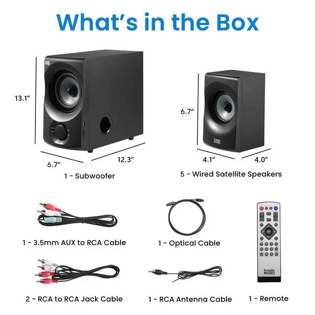 Alt view image 6 of 6 - Acoustic Audio AA5172 700W Bluetooth Home Theater 5.1 Speaker System with FM Tuner, USB, SD Card, Remote Control, Powered Sub (6 Speakers, 5.1 Channels, Black with Gray)