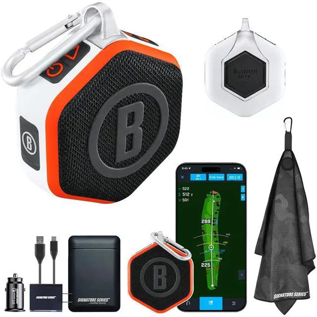 Main image of Bushnell Golf Wingman Mini GPS Speaker (Orange/White) | Magnetic Mount, Music & Audible Distances for 38,000+ Courses, Carabiner Clip, Waterproof, 36-Hole Battery, with Signature Series Power Bundle