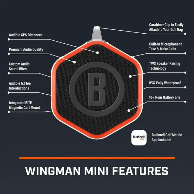 Alt view image 2 of 6 - Bushnell Golf Wingman Mini GPS Speaker (Orange/White) | Magnetic Mount, Music & Audible Distances for 38,000+ Courses, Carabiner Clip, Waterproof, 36-Hole Battery, with Signature Series Power Bundle