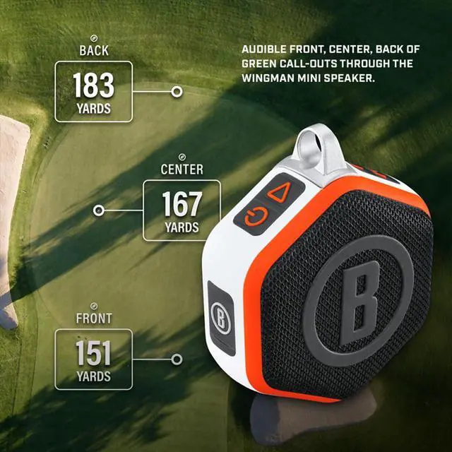 Alt view image 4 of 6 - Bushnell Golf Wingman Mini GPS Speaker (Orange/White) | Magnetic Mount, Music & Audible Distances for 38,000+ Courses, Carabiner Clip, Waterproof, 36-Hole Battery, with Signature Series Power Bundle