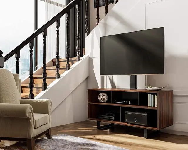 Alt view image 2 of 6 - TV Stand with Wood Console for 32-70 Inch TVs up to 110 lb Walnut | Swivel Floor Entertainment Center with Height Adjustable, Modern Television Stands with Storage for Living Room, Bedroom