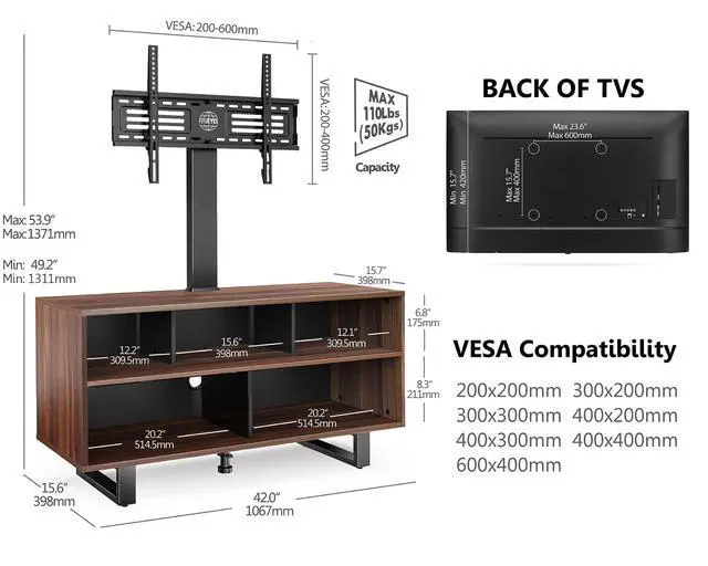 Alt view image 3 of 6 - TV Stand with Wood Console for 32-70 Inch TVs up to 110 lb Walnut | Swivel Floor Entertainment Center with Height Adjustable, Modern Television Stands with Storage for Living Room, Bedroom