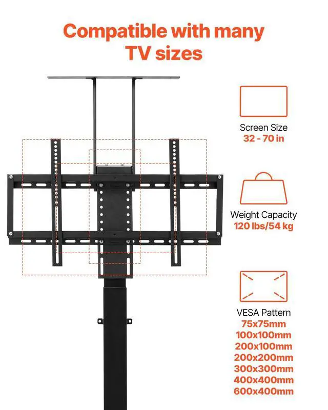 Alt view image 3 of 6 - Motorized TV Lift Stand, 32-70 Inch, 120 lbs Max Load, Floor Mount, Supports Most VESA Patterns, Ideal for Offices, Living Rooms & More