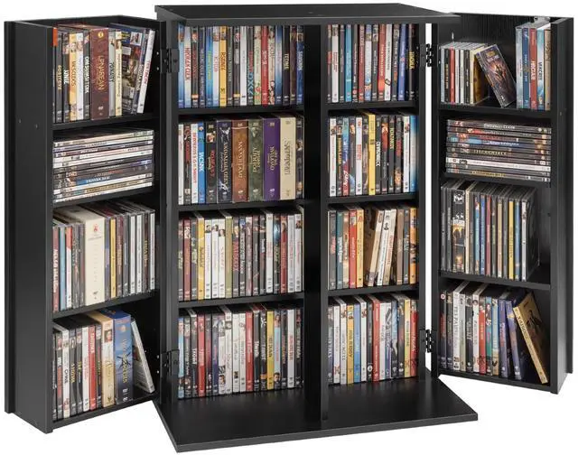 Main image of Media Storage Cabinet, 4-Tier DVD Shelf Organizer, 24.02 x 14.49 x 33.31 in Multimedia Storage Organizer for CDs, DVDs, Books, Games, CD Shelf for Living Room, Home Office, Recording Room, Black