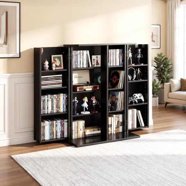 Alt view image 2 of 6 - Media Storage Cabinet, 4-Tier DVD Shelf Organizer, 24.02 x 14.49 x 33.31 in Multimedia Storage Organizer for CDs, DVDs, Books, Games, CD Shelf for Living Room, Home Office, Recording Room, Black