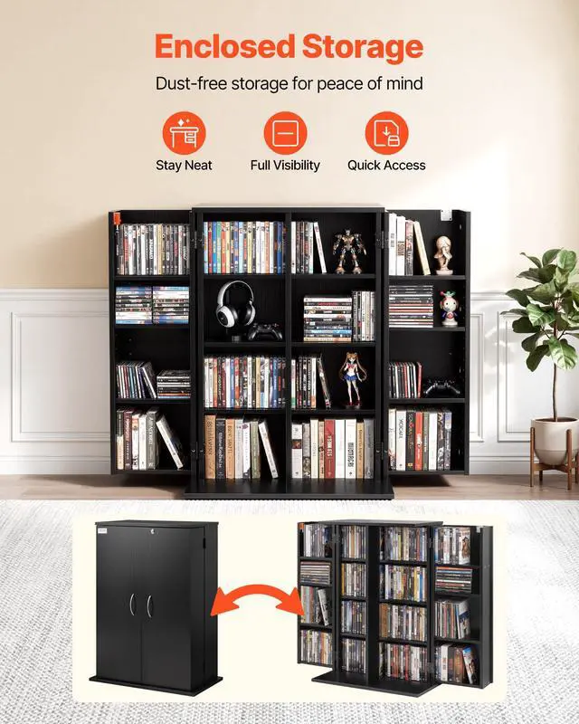 Alt view image 4 of 6 - Media Storage Cabinet, 4-Tier DVD Shelf Organizer, 24.02 x 14.49 x 33.31 in Multimedia Storage Organizer for CDs, DVDs, Books, Games, CD Shelf for Living Room, Home Office, Recording Room, Black