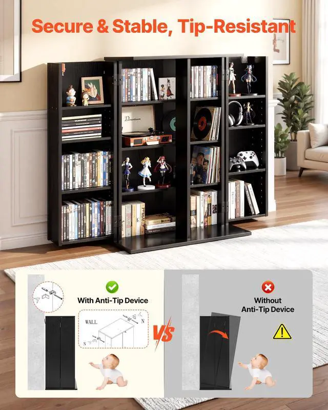 Alt view image 6 of 6 - Media Storage Cabinet, 4-Tier DVD Shelf Organizer, 24.02 x 14.49 x 33.31 in Multimedia Storage Organizer for CDs, DVDs, Books, Games, CD Shelf for Living Room, Home Office, Recording Room, Black