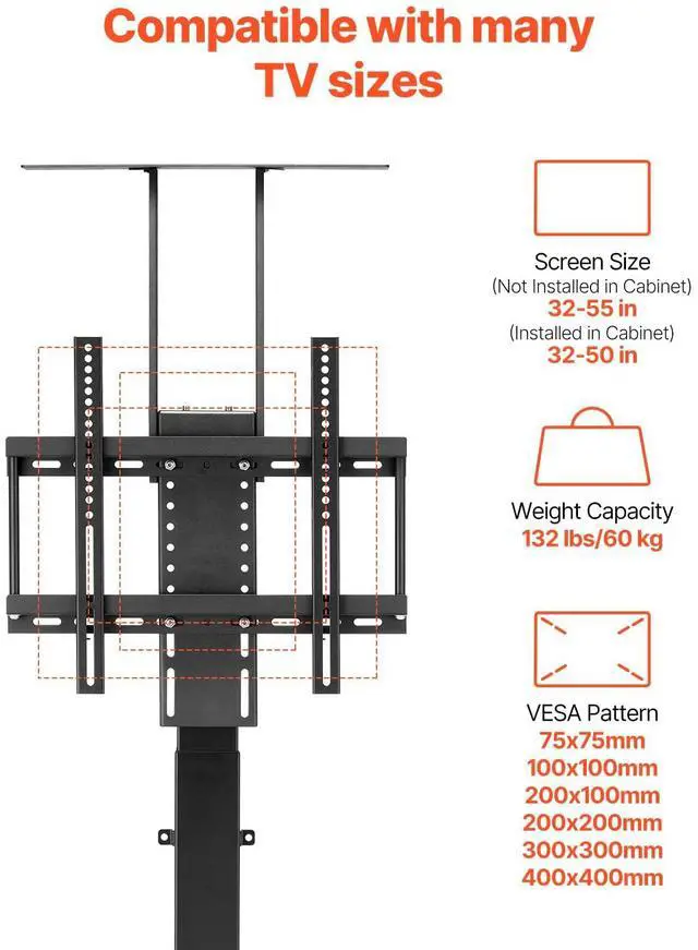 Alt view image 3 of 6 - Motorized TV Lift Stand, 32-55 in, Black, Floor Mount, Television, Flat Screen Display Mount, Tilt, Compatible with VESA 400 x 400 mm, Supports 132 lbs, Ideal for Offices, Living Rooms, Bedrooms