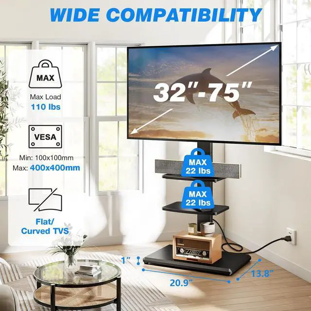Alt view image 2 of 6 - Floor TV Stand with Power Outlet and 2 Shelves for 32-75 Inch TVs, TV Stand with Height Adjustment, Swivel TV Stand Holds up to 110 lbs, Max VESA 400x400mm, Wooden Base for Living Room Bedroom