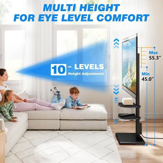 Alt view image 3 of 6 - Floor TV Stand with Power Outlet and 2 Shelves for 32-75 Inch TVs, TV Stand with Height Adjustment, Swivel TV Stand Holds up to 110 lbs, Max VESA 400x400mm, Wooden Base for Living Room Bedroom