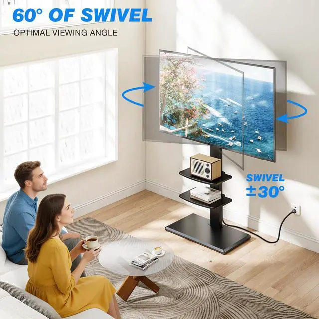 Alt view image 4 of 6 - Floor TV Stand with Power Outlet and 2 Shelves for 32-75 Inch TVs, TV Stand with Height Adjustment, Swivel TV Stand Holds up to 110 lbs, Max VESA 400x400mm, Wooden Base for Living Room Bedroom