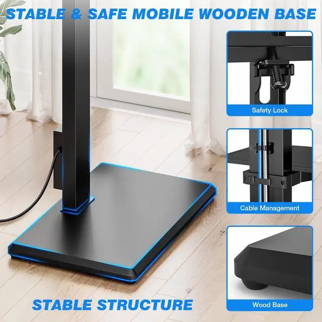 Alt view image 5 of 6 - Floor TV Stand with Power Outlet and 2 Shelves for 32-75 Inch TVs, TV Stand with Height Adjustment, Swivel TV Stand Holds up to 110 lbs, Max VESA 400x400mm, Wooden Base for Living Room Bedroom