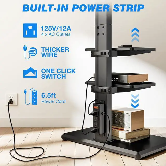 Alt view image 6 of 6 - Floor TV Stand with Power Outlet and 2 Shelves for 32-75 Inch TVs, TV Stand with Height Adjustment, Swivel TV Stand Holds up to 110 lbs, Max VESA 400x400mm, Wooden Base for Living Room Bedroom