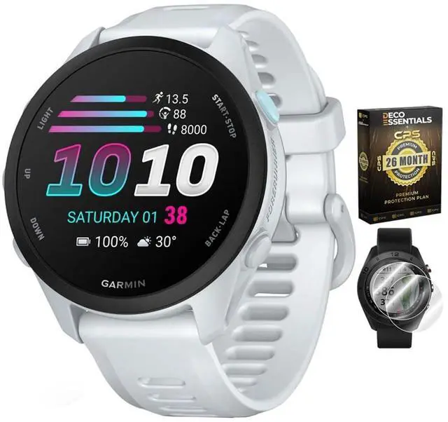 Main image of Forerunner 70, 1.2" AMOLED GPS Running Watch, Training Readiness, 13-Day Battery, Whitestone, 010-04307-01 w/Deco Essentials 26-Month CPS Protection & 2-Pack Screen Protector