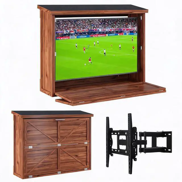 Main image of 50-55" Outdoor TV Enclosure with Mount, Outside Weatherproof Hard TV Box Wall Bracket Included, Outdoor TV Box Storm Shell for Patio/Pool/Garden Walnut