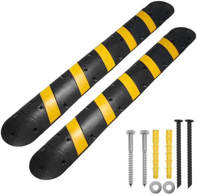 Main image of 6FT Rubber Speed Bump, Heavy Duty Speed Bump Cable Protector Ramp for Driveway, Road Parking, Garage, Parking Lot, Warehouse,72" x 11.8" x 1.77" (2, 6ft with End Cap)
