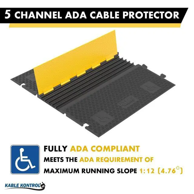 Alt view image 2 of 6 - Atlas ADA Compliant Cable Protector Ramp Heavy Duty - 5 Channel Low Profile - 1 Pc - 36 Long Black & Yellow 33,040 Lbs Per Axle Capacity - Rubber Speed Bump Wire Protector Cord